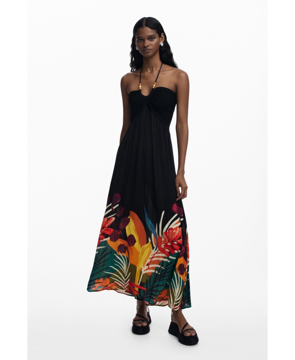 Desigual Beaded Mixed Media Maxi Cover-up Sundress In Black