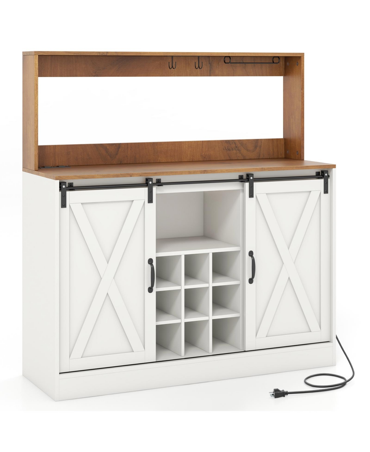 Farmhouse Coffee Bar Cabinet with Charging Station and Sliding Barn Doors