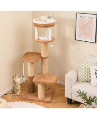 Tall Cat Tree with Self-Groomer & Removable Cat Bed Cozy & Functional Climbing Tower for Cats