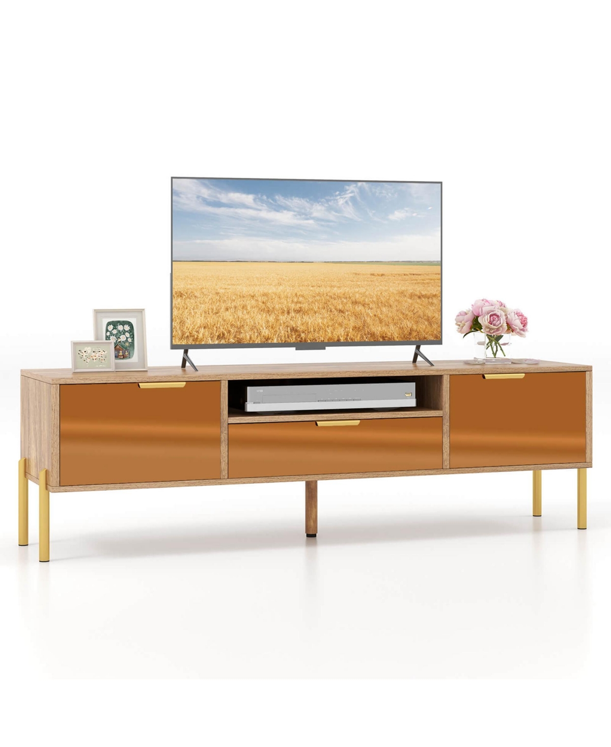 Costway Mirrored Tv Stand for Tv up to 65" Modern Tv Console Table with Spacious Tabletop - Natural