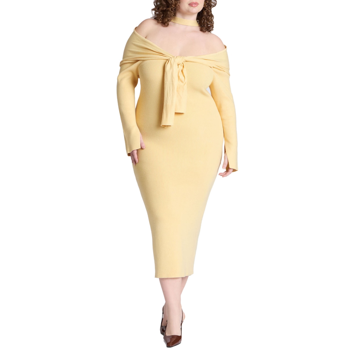 Plus Size Sweater Dress With Tie - Light yellow