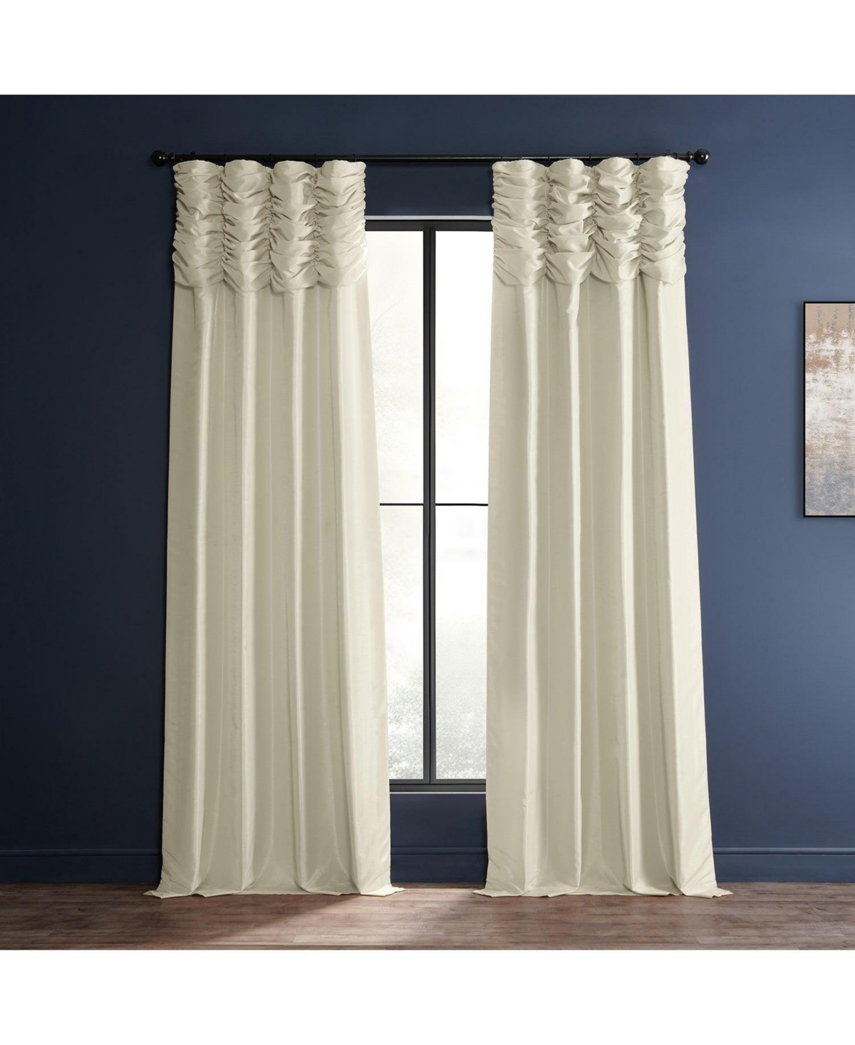 Off White Ruched Vintage Textured Faux Dupioni Silk Curtain - White