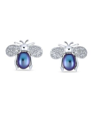 Art Deco CZ Stud Earrings with Jade and Pearl Bumble Bee Design