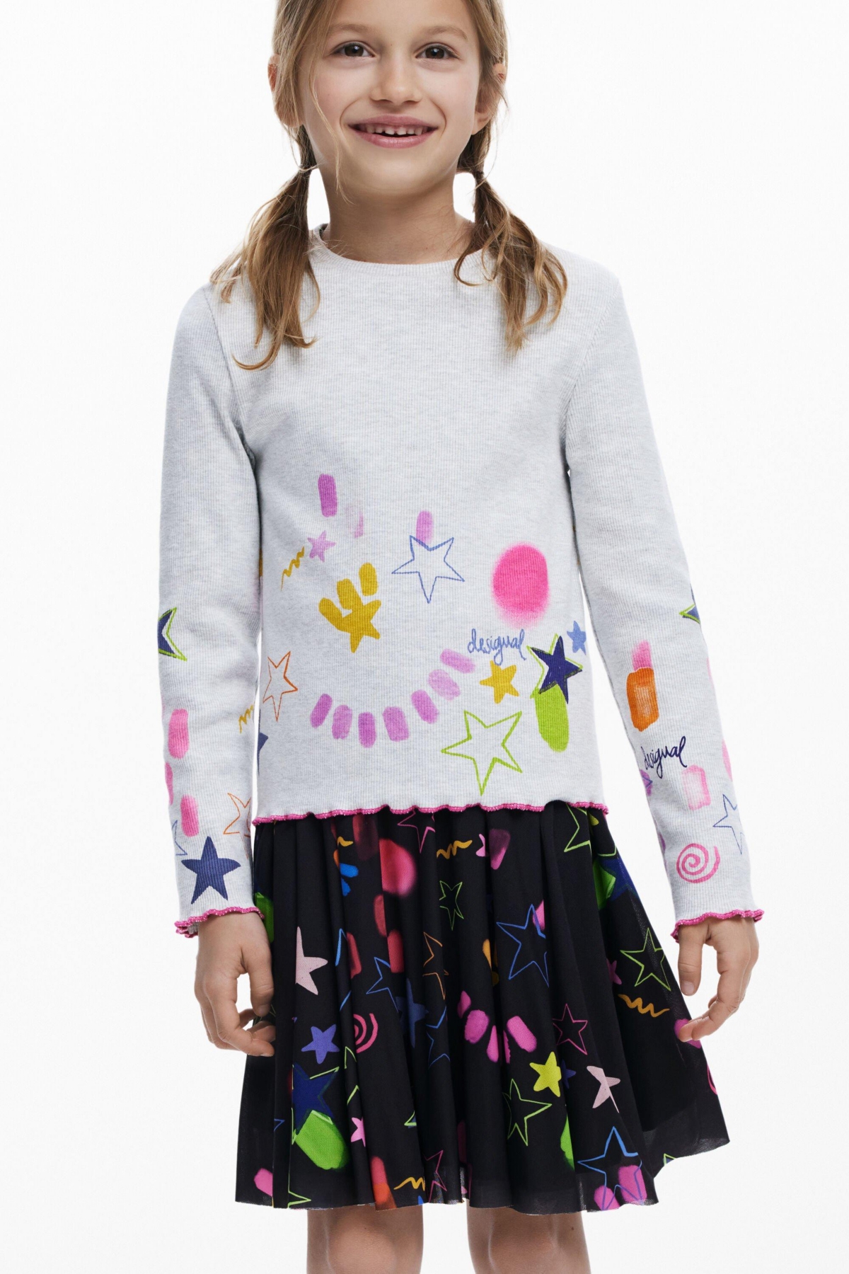 Desigual Girls's Rib T-shirt With Neon Designs In White