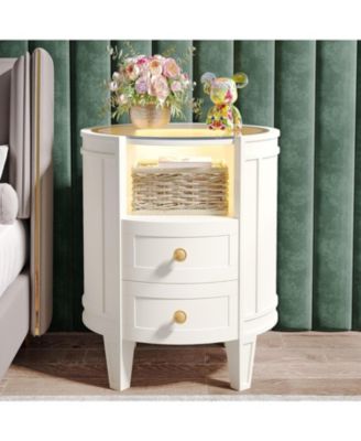 No Assembly LED 2-Drawer Oval Glass Top Nightstand Side Table