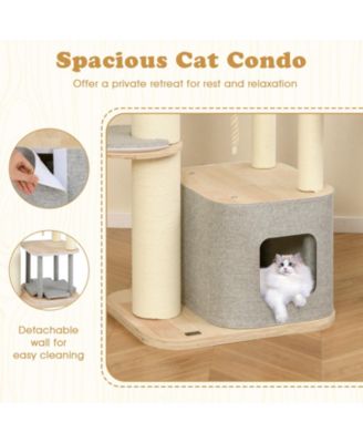 Modern Wooden Cat Tree with Perch, Condo & Hammock Stylish & Cozy Play Tower for Cats