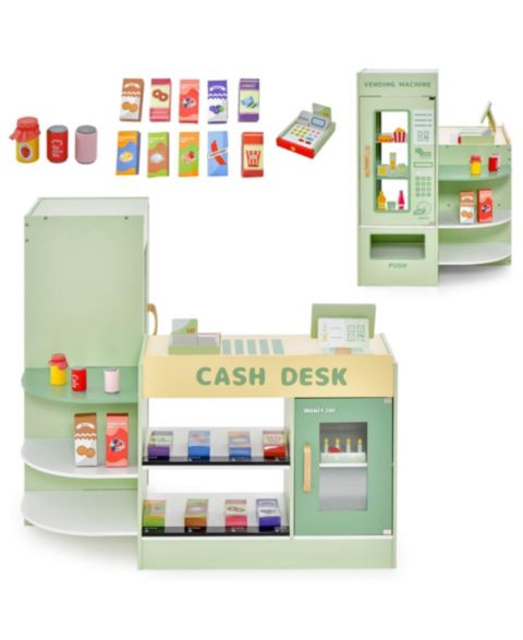 Детские фигурки Gymax Wooden Supermarket Play Toy Set Kids Grocery Store Playset w/ Checkout Counter, цвет: Зелёный
