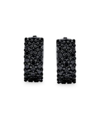 Black Pave CZ Hoop Earrings Small Wide Huggie Sterling Silver Kpop Style