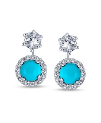 Blue Compressed Turquoise Cubic Zirconia Round Halo CZ Prom Ear Jacket Earrings Silver Plated Brass