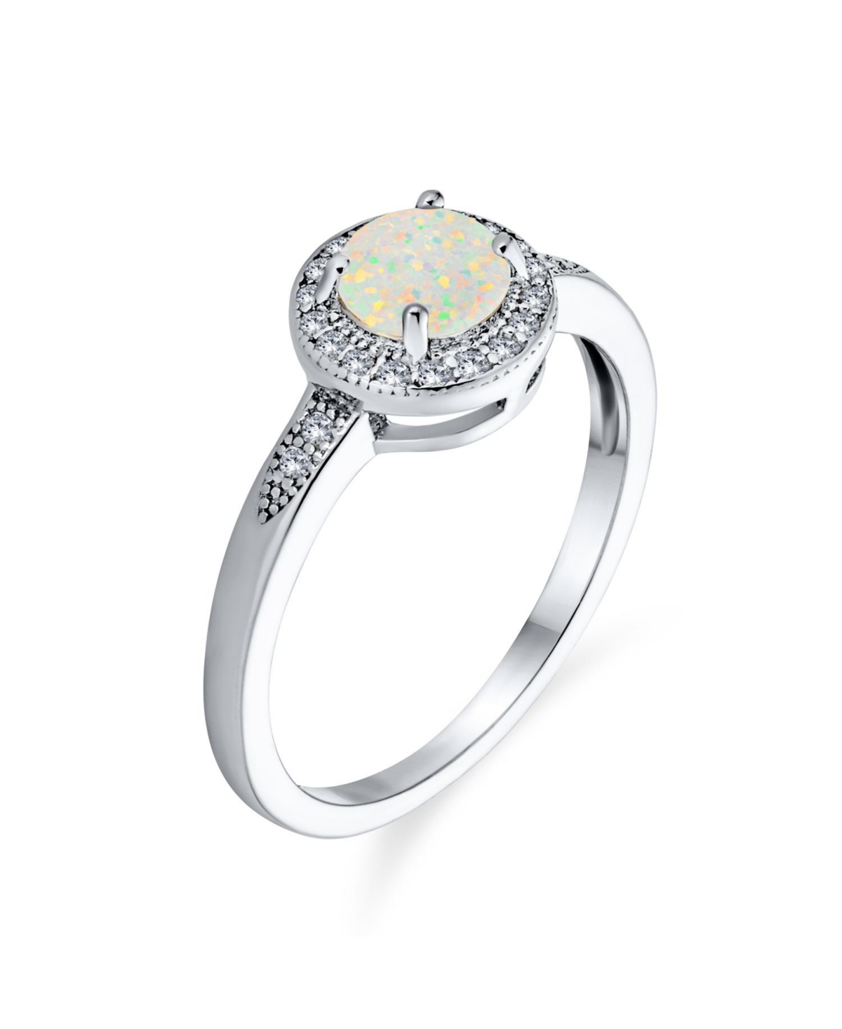 Bling Jewelry Petite Dainty Cz Halo Circle 1CT Round Solitaire Created White Opal Promise Ring With Side Stone Accent Ring .925 Sterling Silver