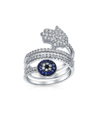 Amulet Talisman Blue CZ Cocktail Statement Ring with Hamsa Evil Eye Design