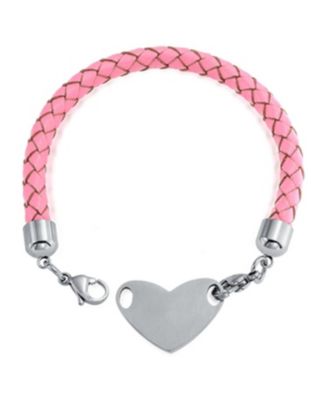 Pink Braided Leather Medical ID Bracelet with Stainless Steel Clasp