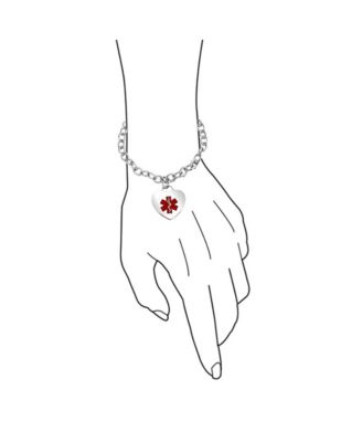 Link Chain Red Medical ID Bracelet with Heart Tag Silver Tone 7-7.5 Inch