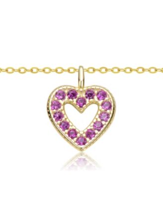 Sterling Silver 14K Gold Plated Red Cubic Zirconia Heart Halo Charm Pendant Necklace