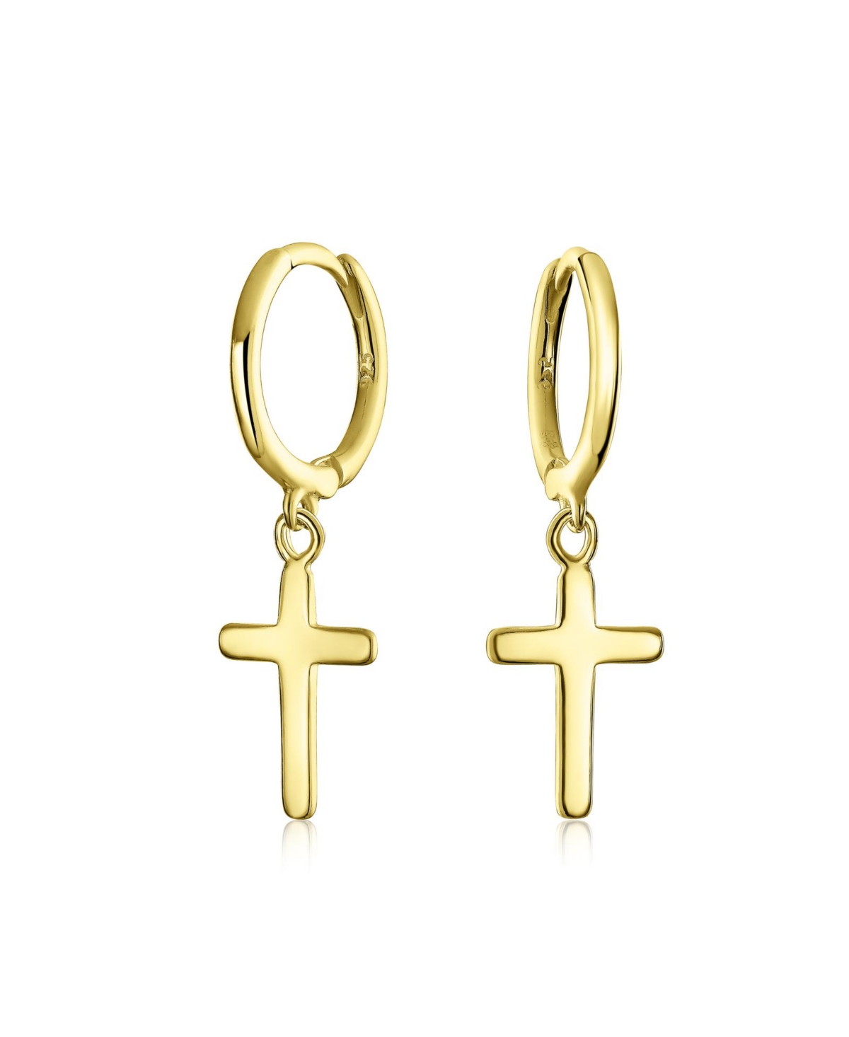 Bling Jewelry Small Religious Cross Dangle Earrings Rose Gold Plated Sterling Silver Huggie - Yellow