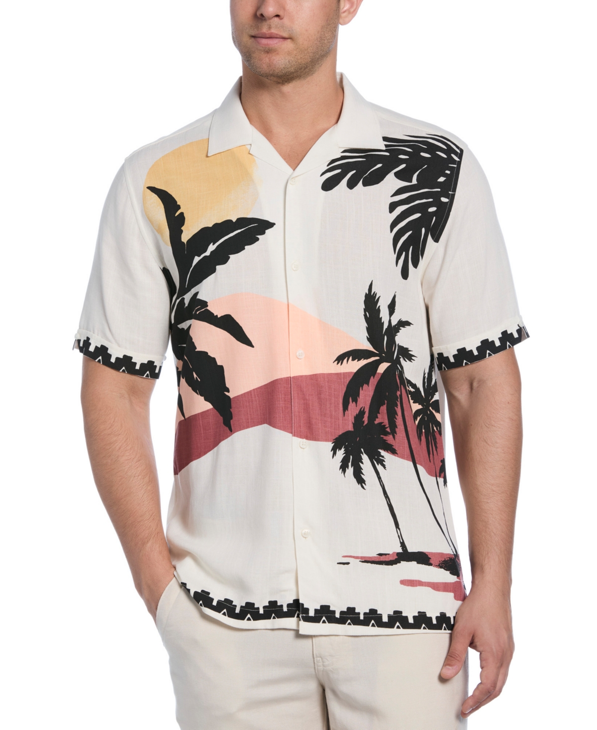 Men's Short Sleeve Sunset Print Button-Front Camp Shirt - Egret