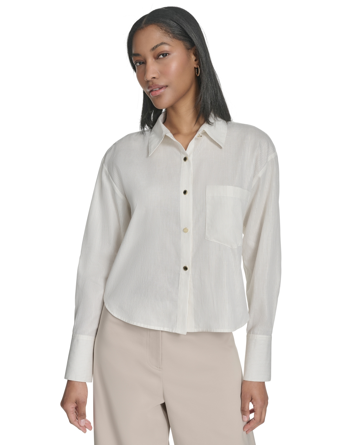 Women's Cropped Button-Front Shirt - Cream/gold