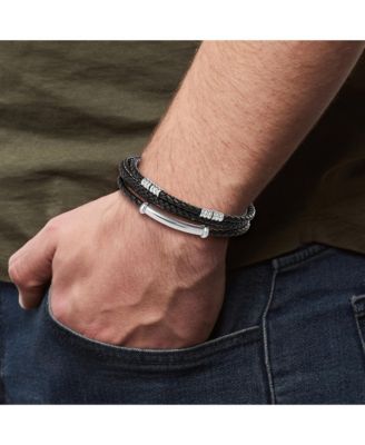 Stainless Steel Triple Row Black Cord Bracelet - 8.25"