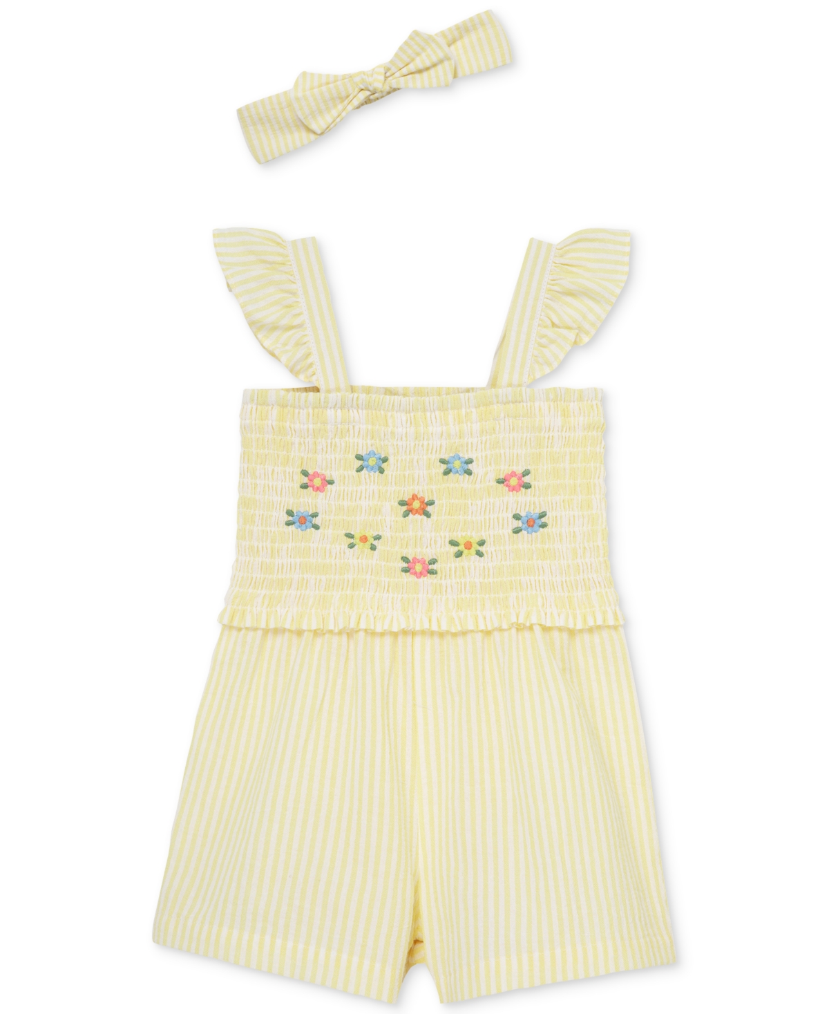 Shop Little Me Baby Girls Woven Cotton Romper & Headband, 2 Piece Set In Yellow