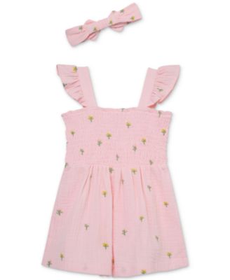 Baby Girls Woven Cotton Floral Schiffli Romper & Headband, 2 Piece Set