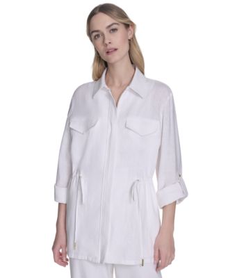 Halston - Women's Zip-Front Drawcord-Waist Collared Top