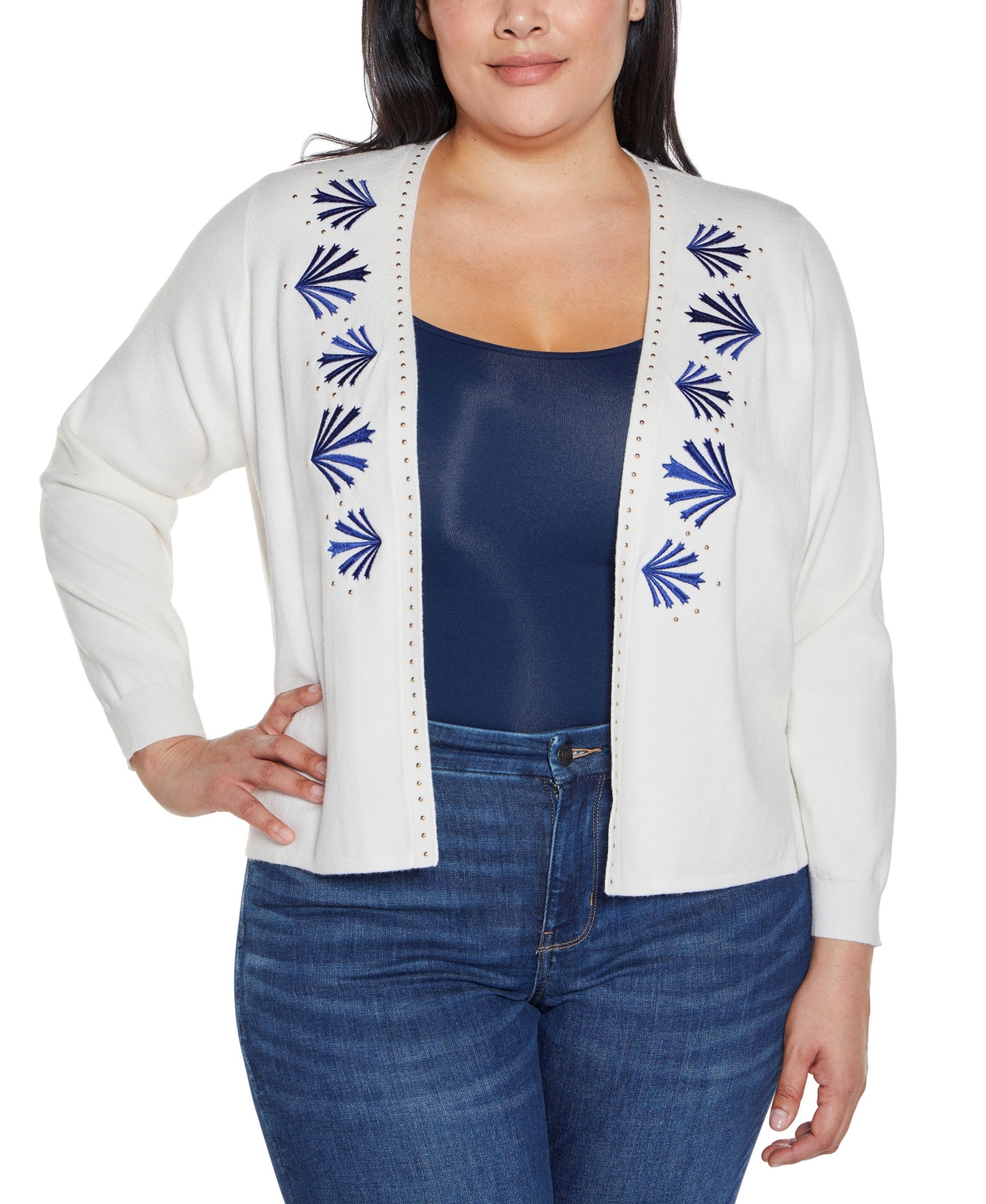 Shop Belldini Plus Size Black Label Embroidered Drop-shoulder Open-front Cardigan Sweater In White,cobalt
