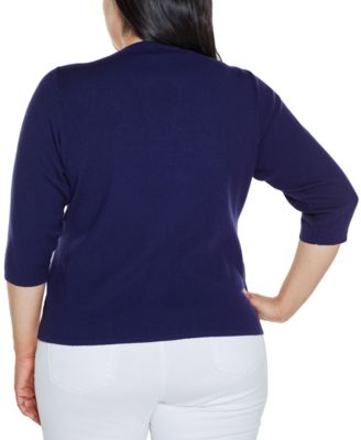 Plus Size Black Label Embroidered Split-Neck Sweater