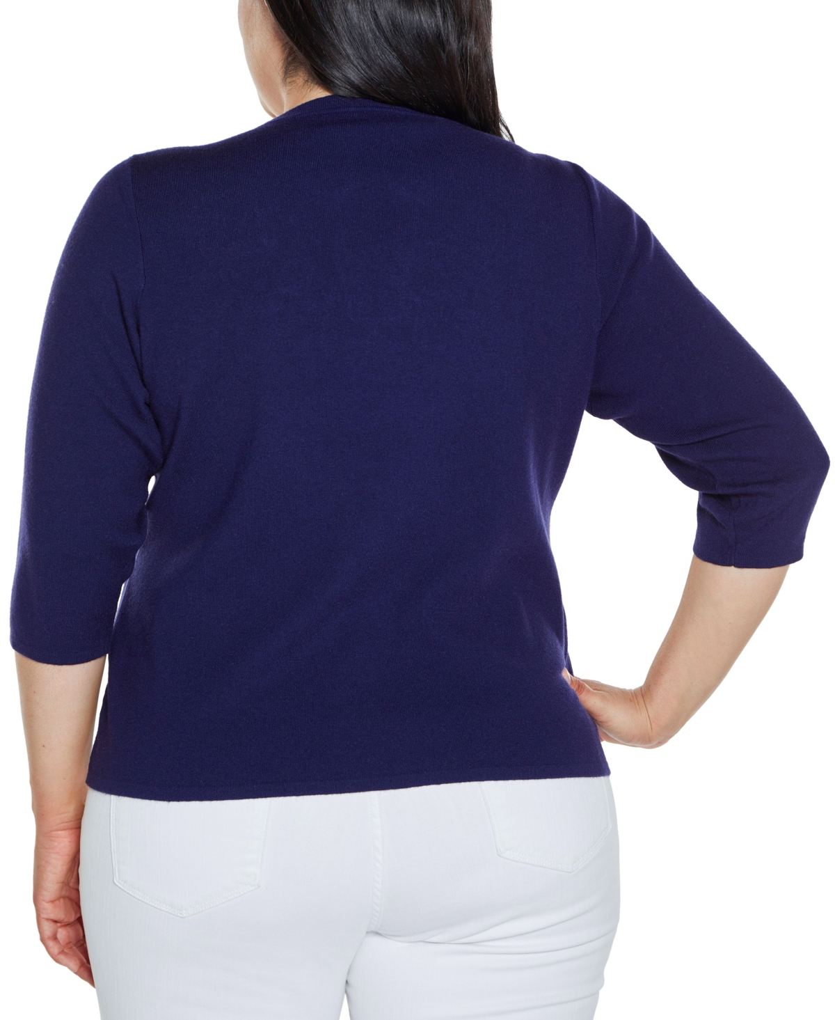 Shop Belldini Plus Size Black Label Embroidered Split-neck Sweater In Twilight Blue