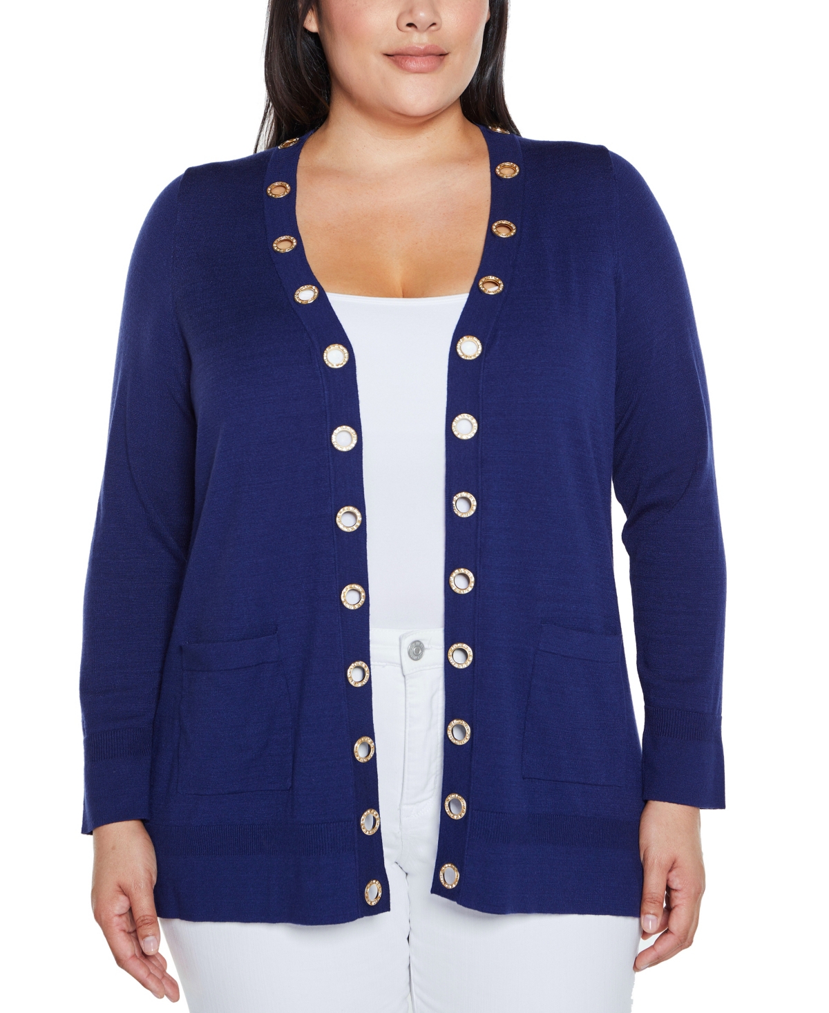 Belldini Plus Size Black Label Rhinestone Grommet Open-front Cardigan Sweater In Twilight Blue