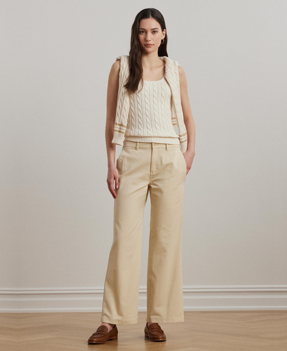 Women's Cotton Twill Wide-Leg Pants - Ivory Beige