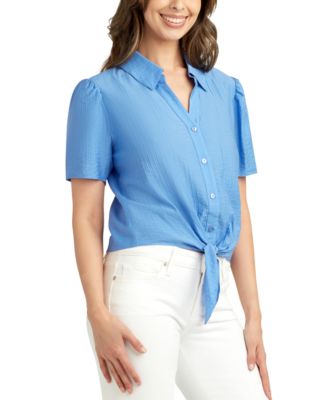 Juniors' Textured Puff-Sleeve Tie-Front Shirt
