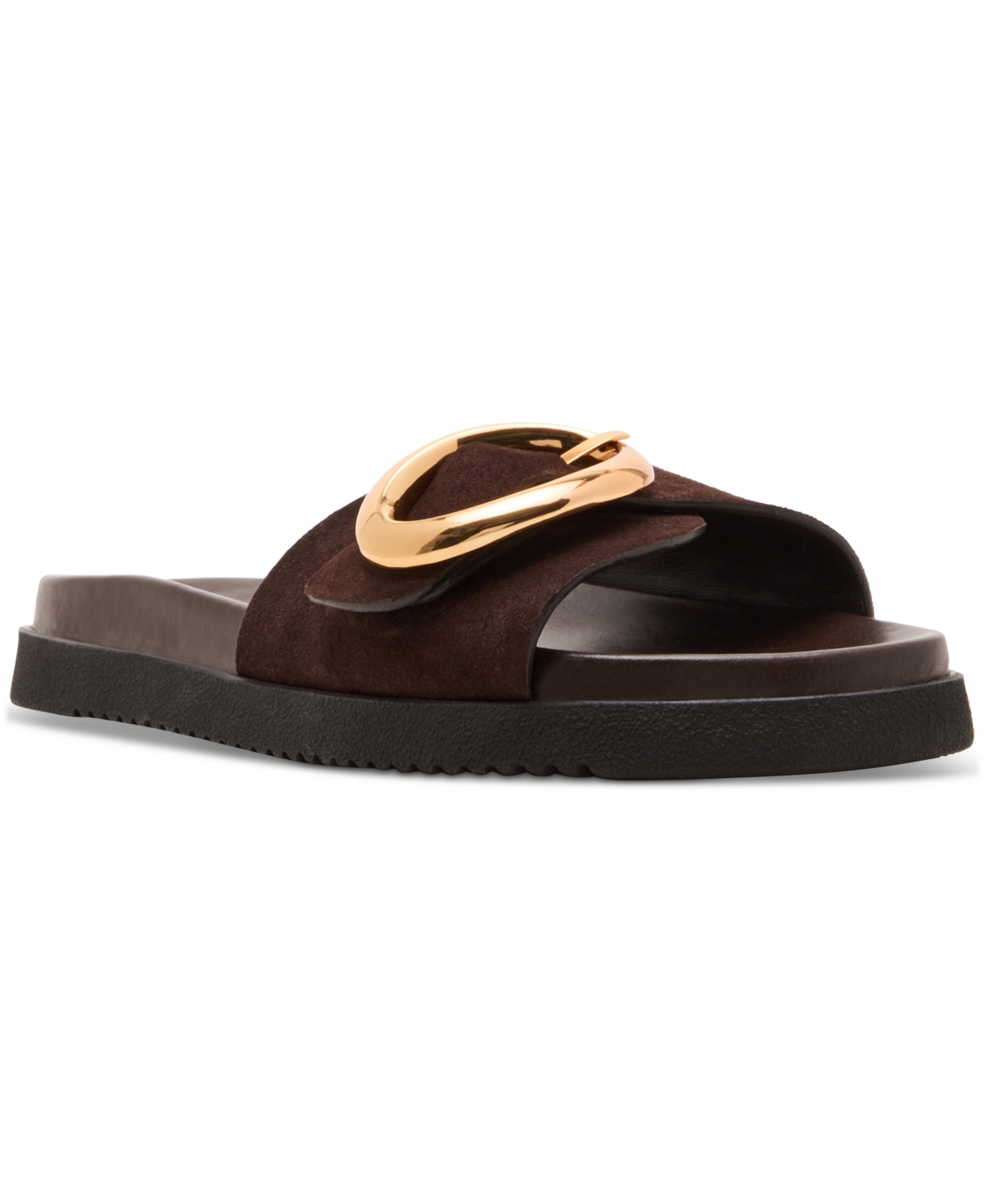 Shop Steve Madden Women's Mandie Buckle Slide Footbed Sandals In Dark Brown Suede