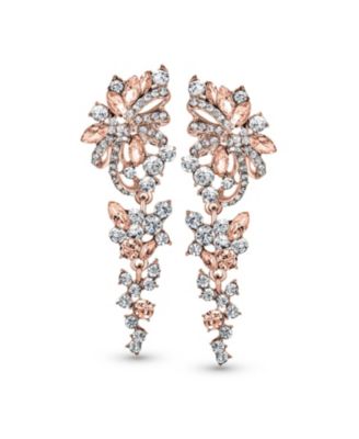 Dangling Holiday Party Waterfall Long Flower Bow Crystal Prom Pageant Chandelier Statement Earrings Pink Rose Gold Or Silver Plated