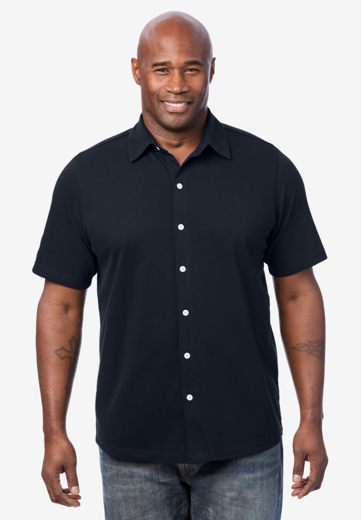 Big & Tall Lightweight Stretch Mesh Pique Button Down Shirt - Black