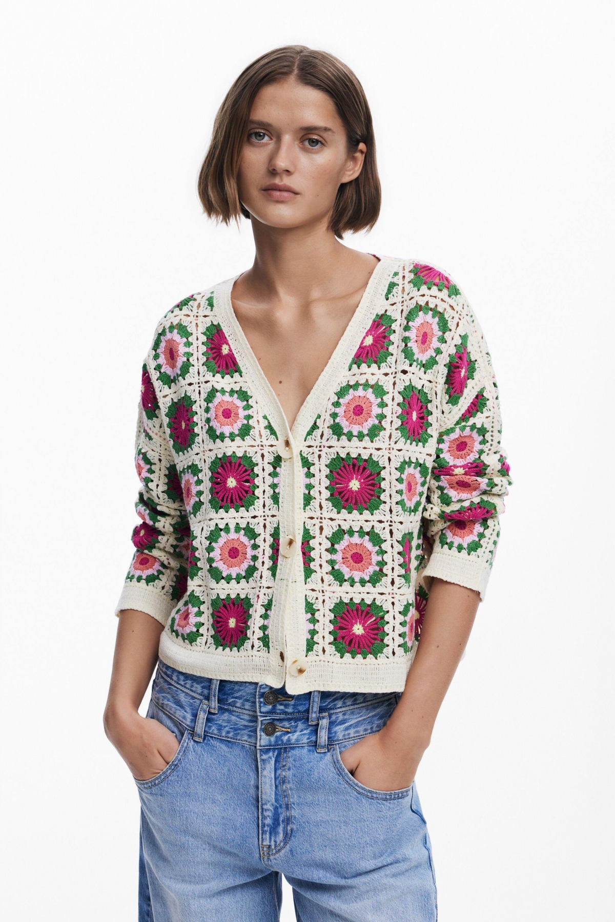Desigual Cotton Blend Crochet Cardigan In White