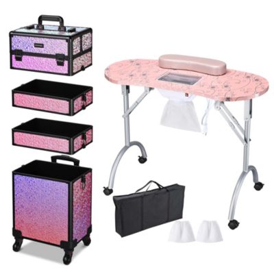 Folding Manicure Nail Table 4in1 Rolling Makeup Case Mermaid Pink