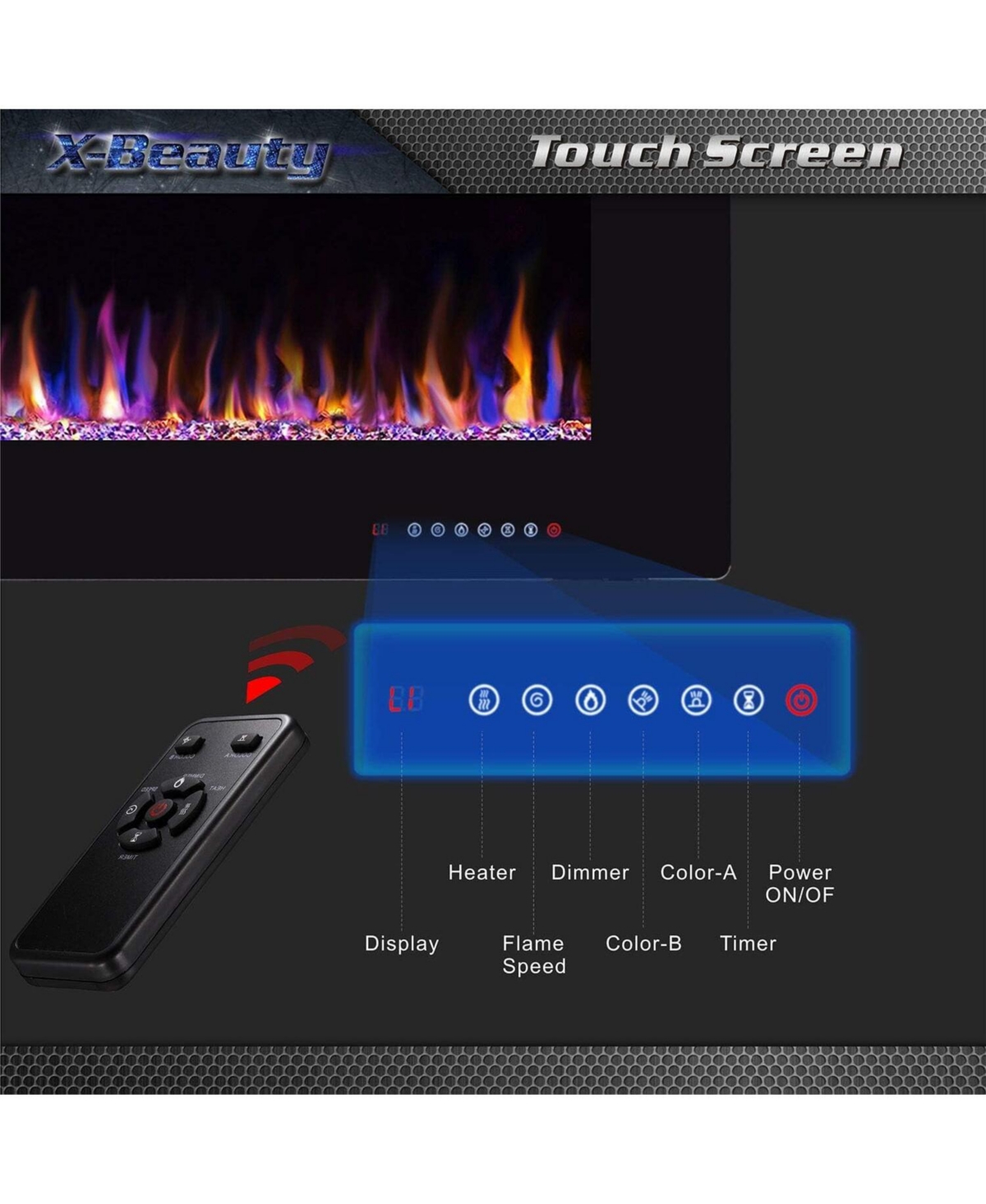 Kismile Electric Fireplace inch Recessed and Wall Mounted,The Thinnest FireplaceLow Noise, Fit for 2 x 6 Stud, Remote Control with Timer,Touch Screen