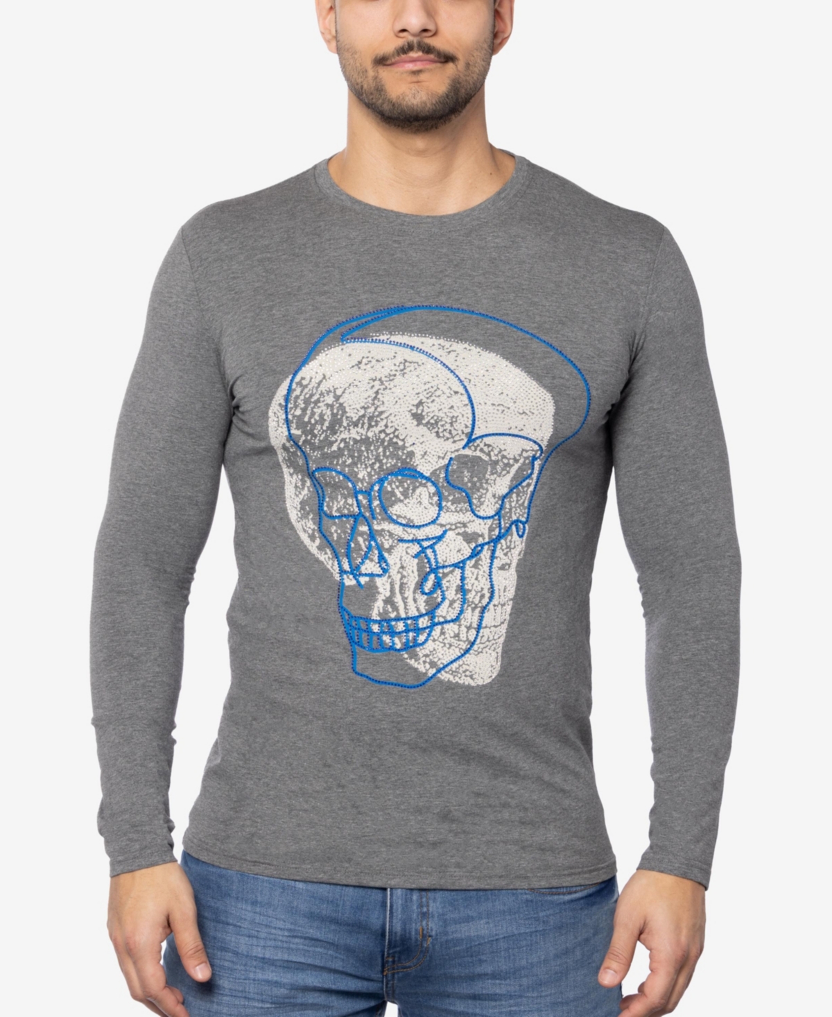 Men's Outlined Skull Rhinestone Graphic Long Sleeves T-Shirts - Charcoal
