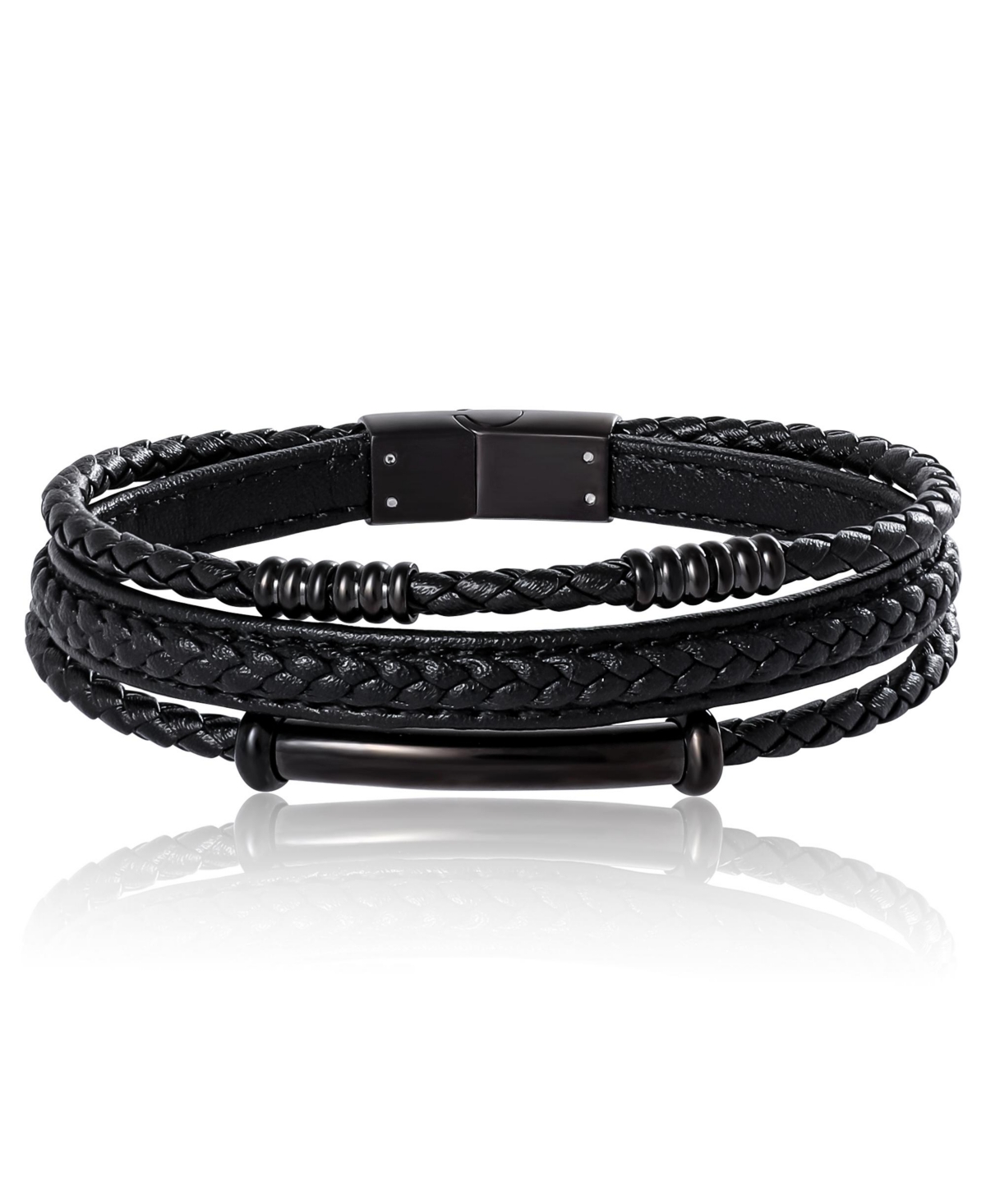 Stainless Steel Triple Row Black Cord Bracelet - 8.25" - Silver