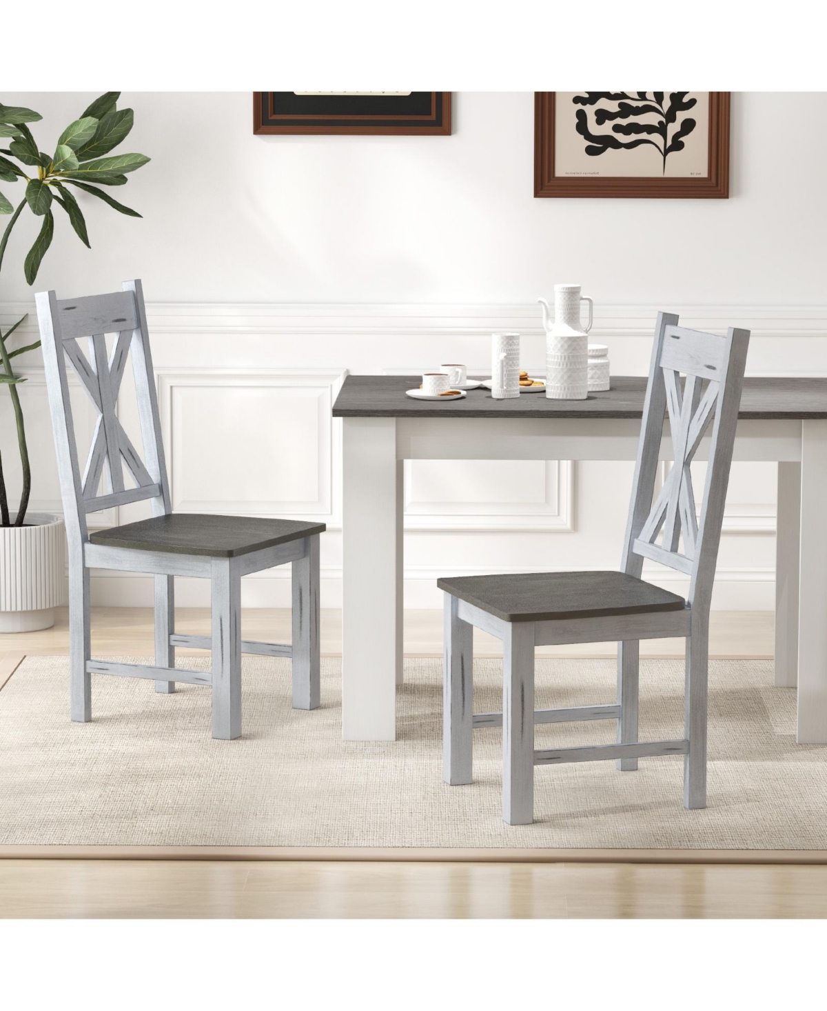 Set of 2 Farmhouse Dining Chairs with Rubber Wood Frame and Hollow Backrest