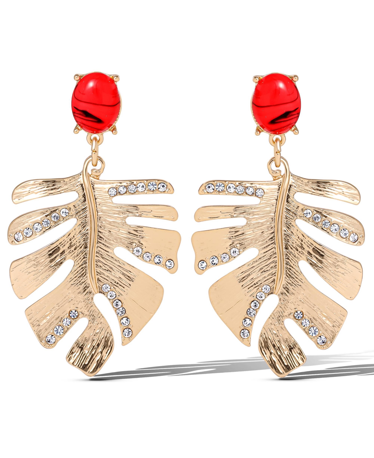 Gold-Tone Tropical Leaf Drop Earrings with Red Accents – Statement Earrings with Crystal Detailing - Gold tone, red
