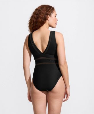 Women's Mesh Ribbed Plunge High Leg One Piece Swimsuit