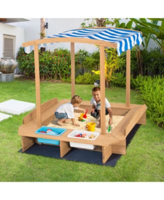 Wooden Sandbox with Canopy for Kids, Outdoor Play Area with Sun Protection