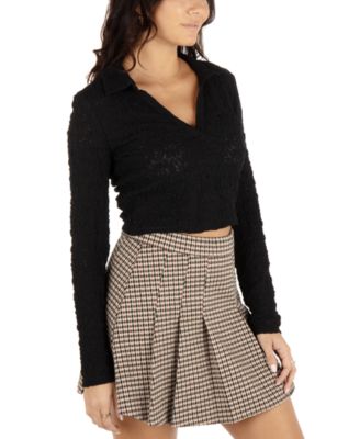 Juniors' Ryder Textured Long-Sleeve Cropped Polo