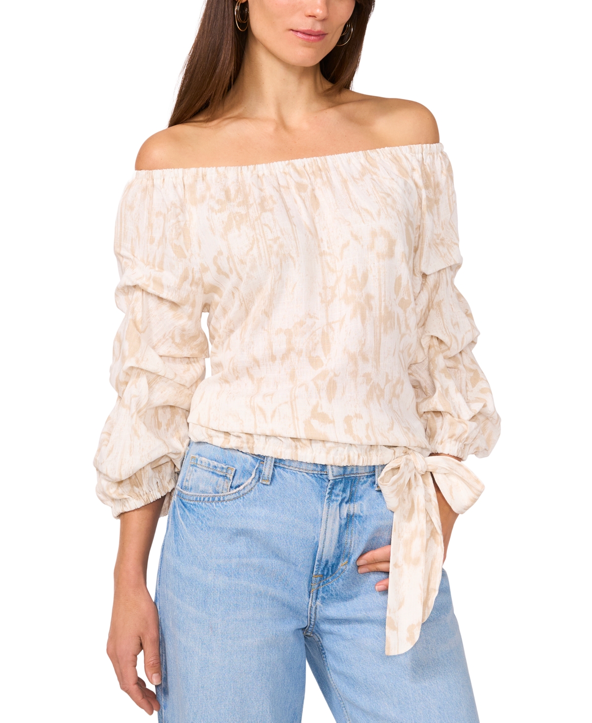 VINCE CAMUTO WOMEN'S PRINTED LINEN-BLEND OFF-THE-SHOULDER BUBBLE 3/4-SLEEVE TIE-FRONT BLOUSE 
