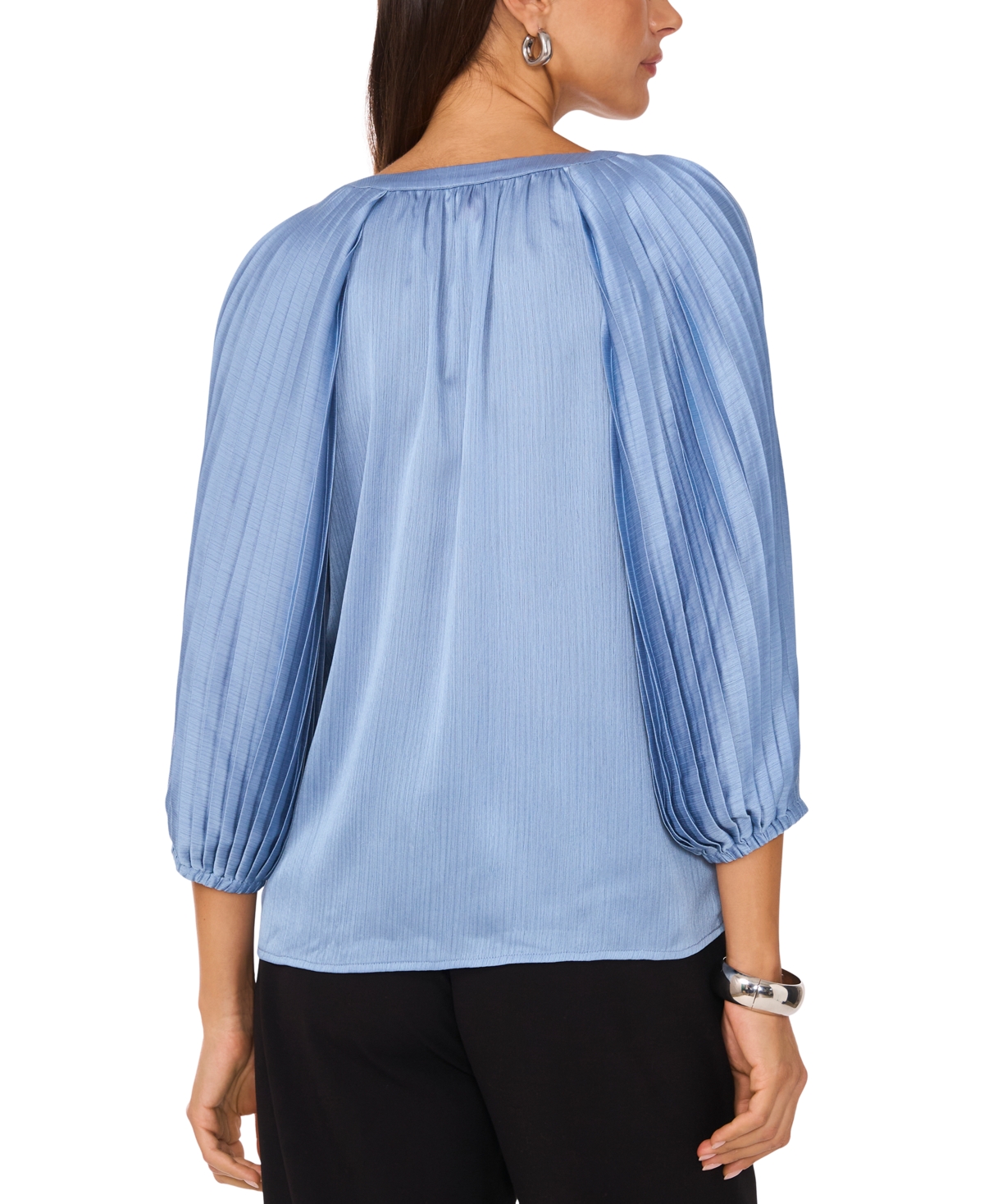 VINCE CAMUTO WOMEN'S SATIN PLEATED-SLEEVE SPLIT-NECK TOP 