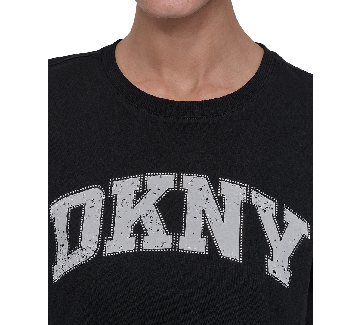 Dkny Women's Active Rhinestone-logo Distressed Crewneck Cotton T-shirt In Black,eggnog