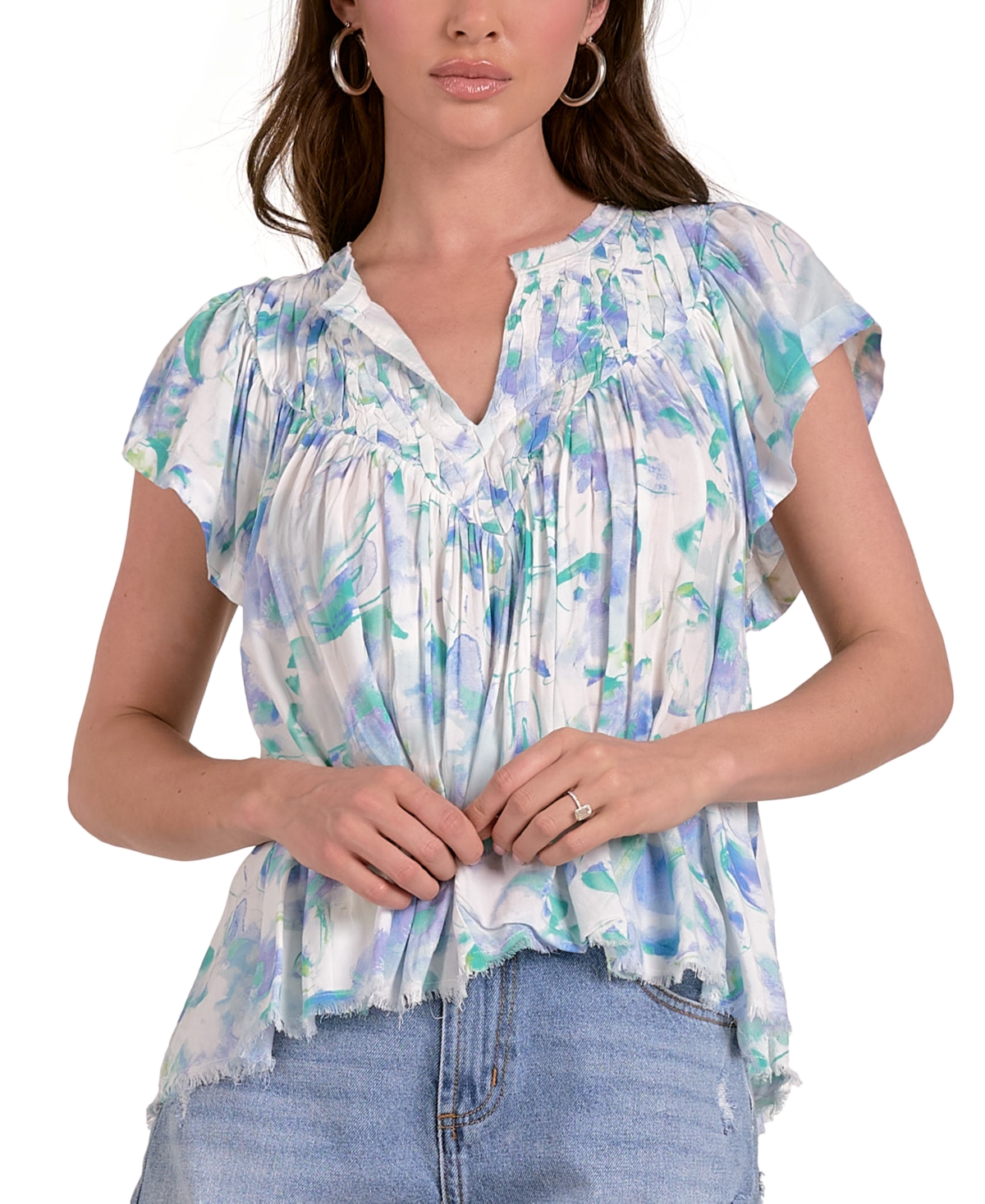 Women's Allure Cotton Flutter-Sleeve Frill-Hem Top - Blue Allure