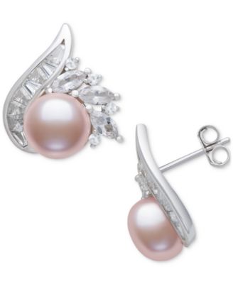 Blush Cultured Freshwater Pearl (8-9mm) & Lab Created White Sapphire (2 ct. t.w.) Stud Earrings in Sterling Silver