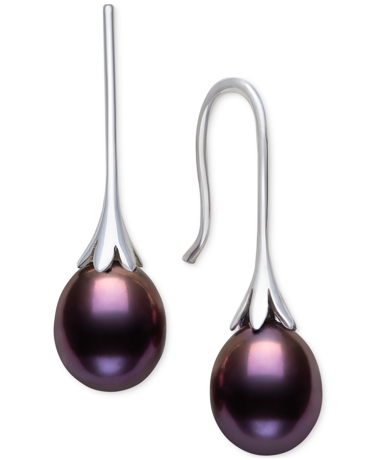 Dyed Black Cultured Freshwater Pearl (7-8mm) Drop Earrings in Sterling Silver - Silver